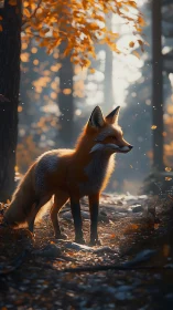 Fox pauses on a sunlit autumn forest path in warm haze