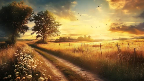 Golden country lane glowing softly in the gentle sunset light.