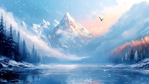 Snowspell peaks over ember pines and glassy winter lake.