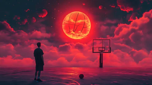 Midnight dreamer watches a glowing basketball moon rise