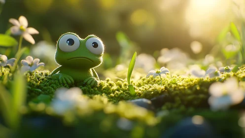 Tiny green frog watches glowing meadow in soft sunrise light