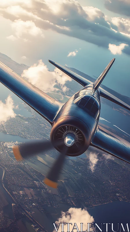 Single propeller aircraft over coastline at low altitude.