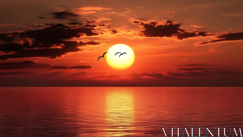 Gentle sunset glows over calm ocean waves and drifting birds