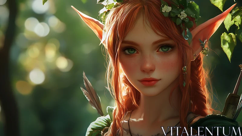 Red haired forest elf archer portrait in soft sunlight.