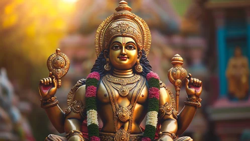Golden Hindu deity statue under warm backlight with ornate details