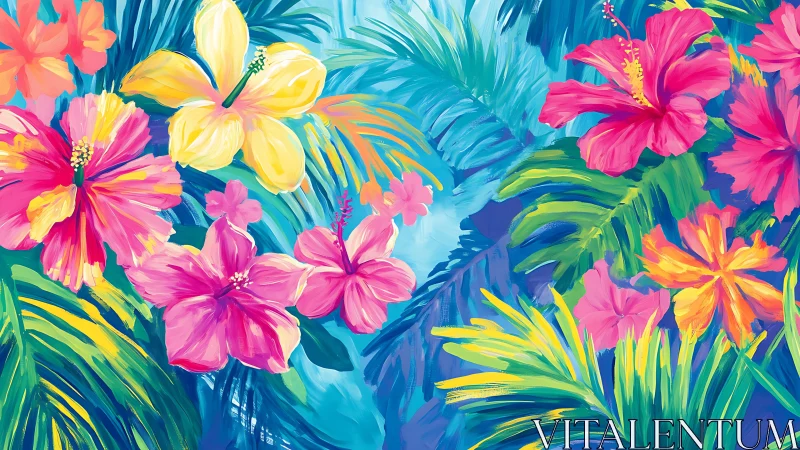 Tropical Floral Composition with Saturated Botanical Elements.