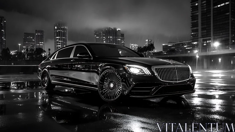 Sleek luxury sedan glows against a rainy nighttime cityscape
