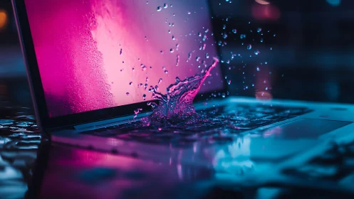 Laptop keyboard drenched as water splashes across surface