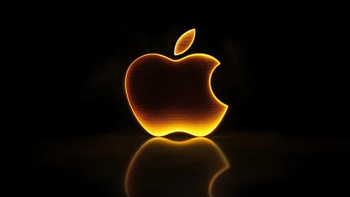 Glowing golden apple emblem on reflective black background.
