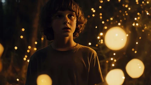 Boy in forest at night surrounded by glowing orbs.