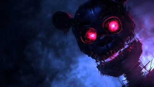 Mechanical bear head with illuminated eyes in dark void.