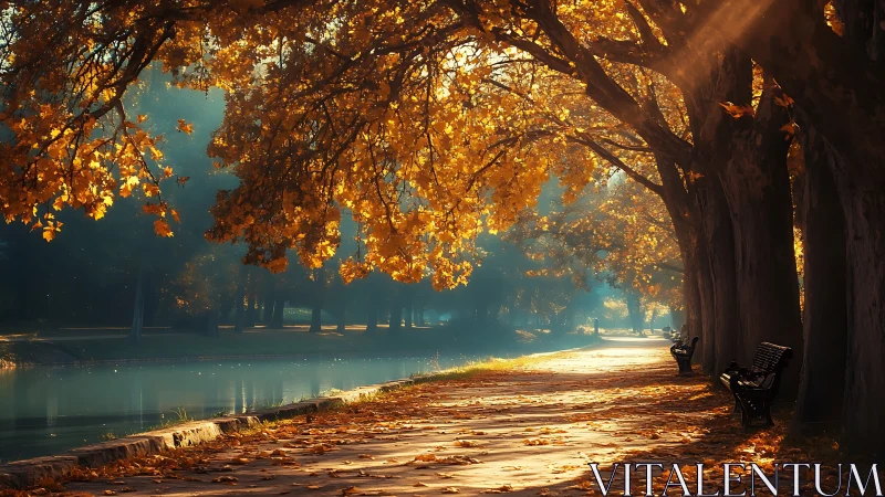 Photorealistic autumn riverside path with dappled light study.