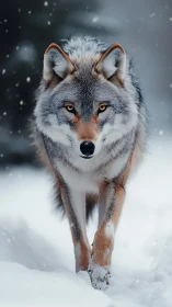 Grey wolf walks through falling snow in winter forest