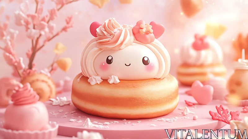 Stylized Character Seated on Glazed Pastry Foundation with Decorative Surroundings