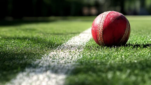 Red cricket ball resting on boundary line in sunlight.