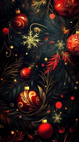 Red ornaments and gold snowflakes on dark pine background.
