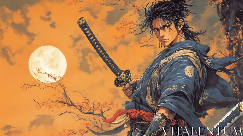 Samurai warrior with katana under full moon sky.