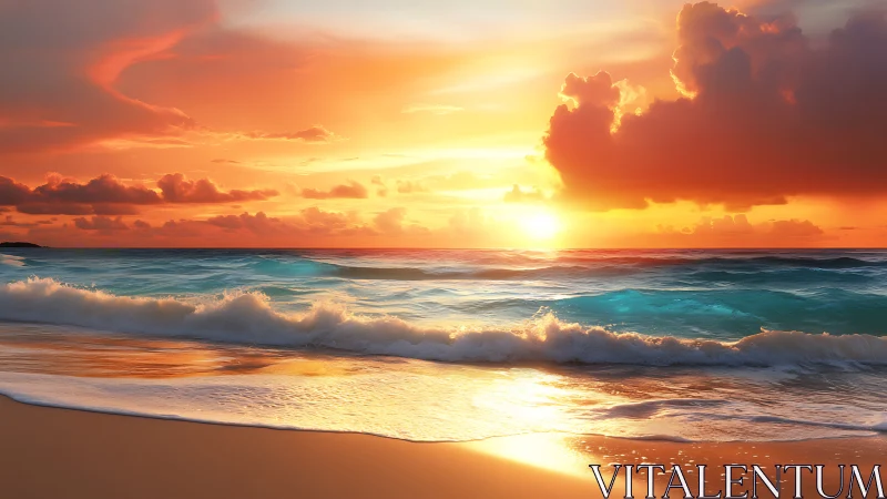 Radiant ocean sunset paints glowing waves and shoreline.