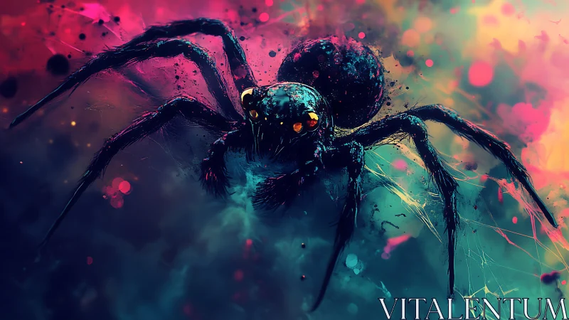 Neon spider lunges through chaotic prismatic mist.