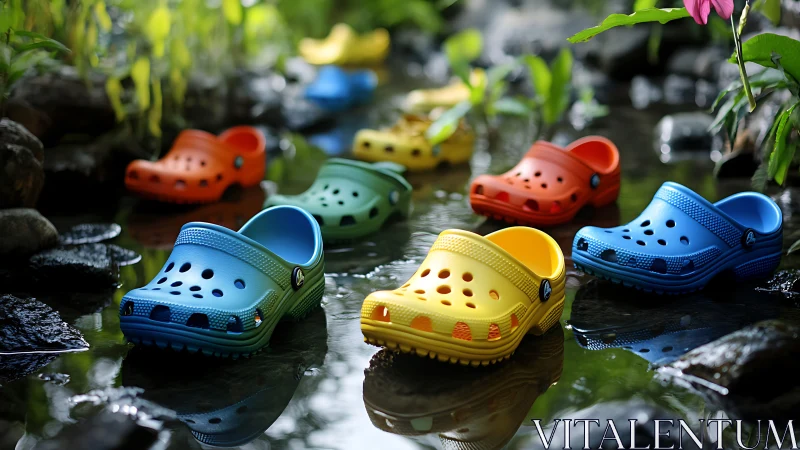 Colorful rubber clogs arranged in a shallow stream outdoors