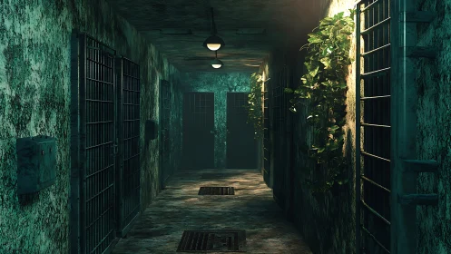 Bioluminescent decay in abandoned carceral passageway scene.