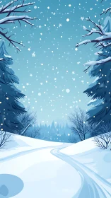 Snowy conifer forest path under falling flakes, vertical view