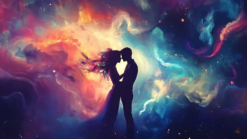 Silhouetted Couple Embracing Within Cosmic Vortex