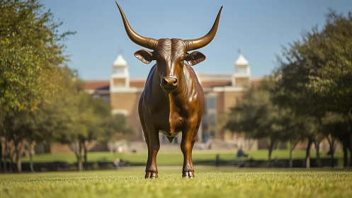 Bronze longhorn bull statue on university campus lawn.