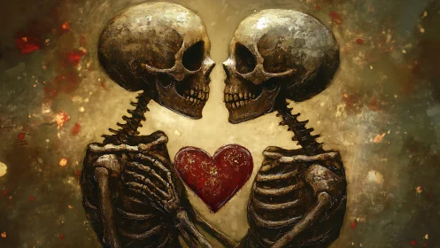 Skeleton couple holding heart in muted romantic scene.