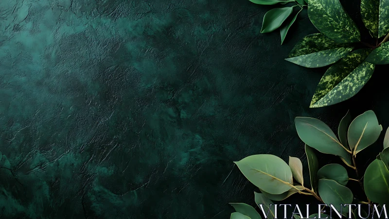 Tropical foliage frames a dark textured emerald backdrop