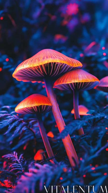 Neon forest mushrooms hold a midnight council of quiet light
