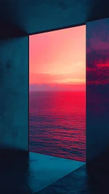 Portal doorway framing neon red ocean horizon at dusk.
