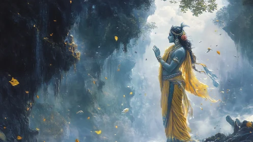 Blue-skinned deity in yellow robes in misty canyon environment.