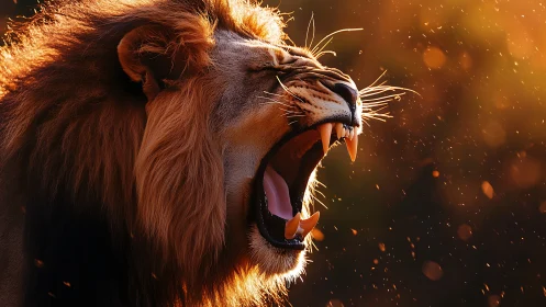 Roaring lion side profile catches golden backlight spray