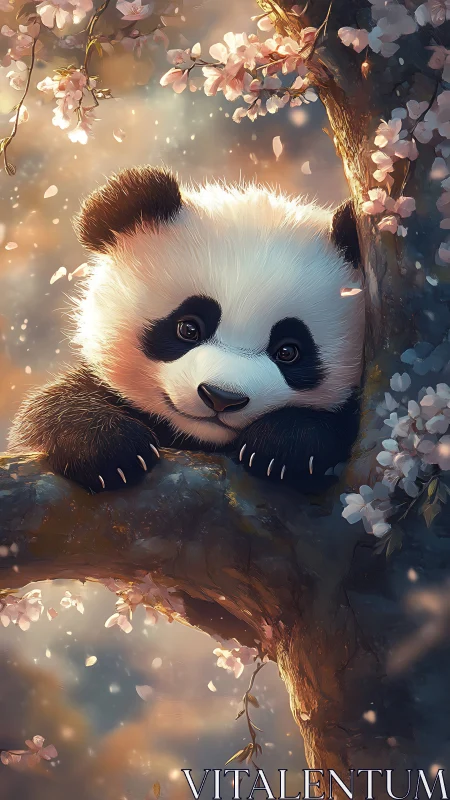 Dreamy panda cub resting in glowing cherry blossoms.