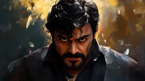 Storm-lit stare of a brooding hero in swirling colors.