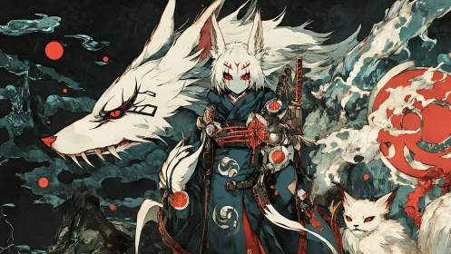Fox spirit warrior in stylized yokai armor under crimson moons.
