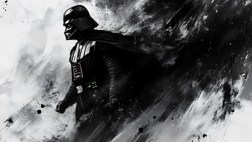 Armored dark figure dissolves into dynamic monochrome abstraction