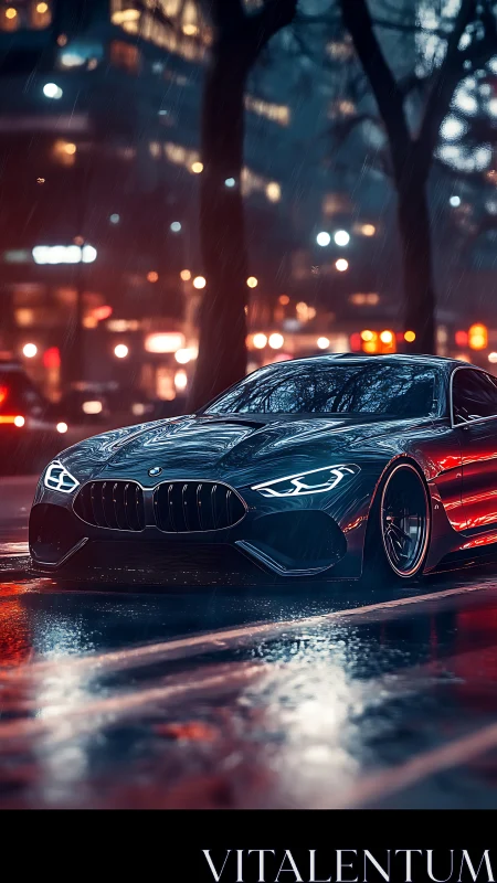 Sleek coupe on wet city street under evening rain.