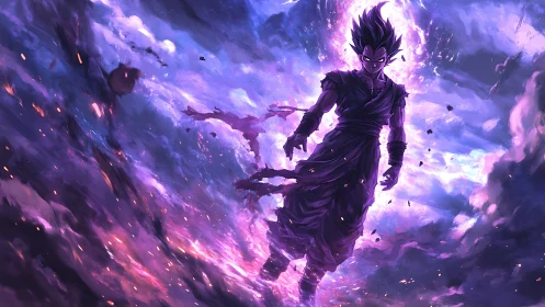 Dark energy warrior ignites storm of violet cosmic power.