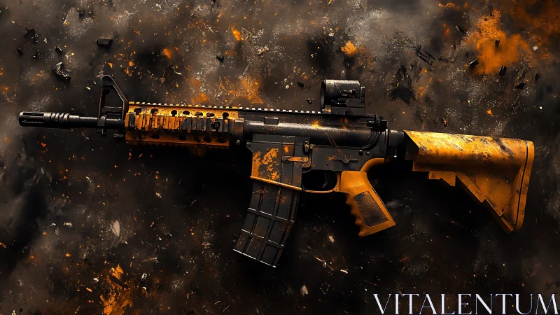 Burnt-orange tactical rifle amid dynamic debris field.