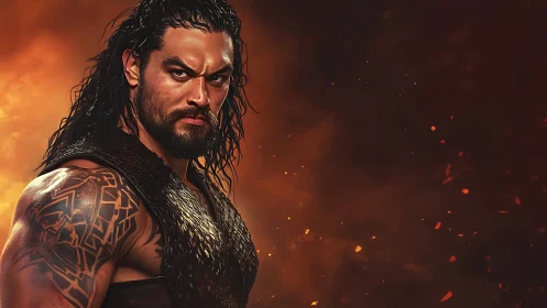 Muscular warrior figure stands before fiery blurred background