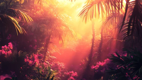 Sunlit tropical jungle glows with dense pink flowering plants