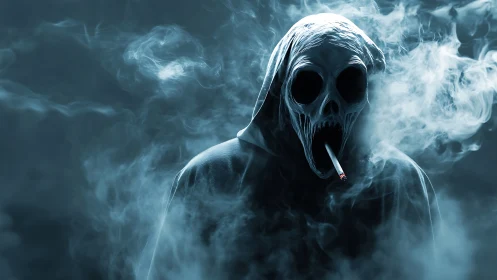 Hooded skeletal figure with cigarette stands amid dense smoke