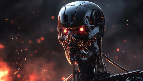 Battle-scarred killer robot skull glows in burning embers.