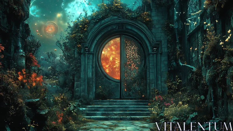 Ancient stone portal opening to glowing cosmic world.