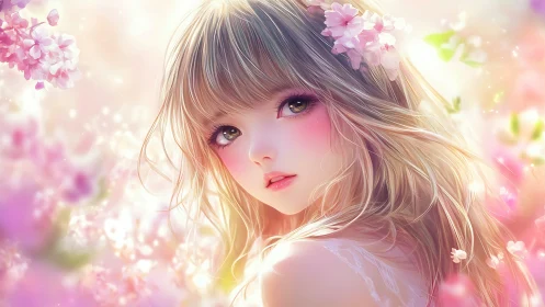 Soft pastel anime girl among glowing cherry blossoms.