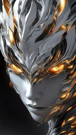Luminous cyber goddess in flowing silver and ember light.