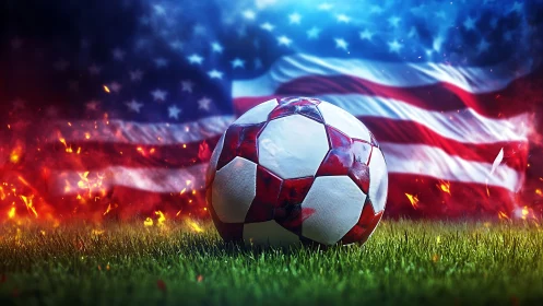 Fiery soccer ball before dramatic waving US flag backdrop.