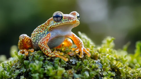 Bright little tree frog rests confidently on lush green moss